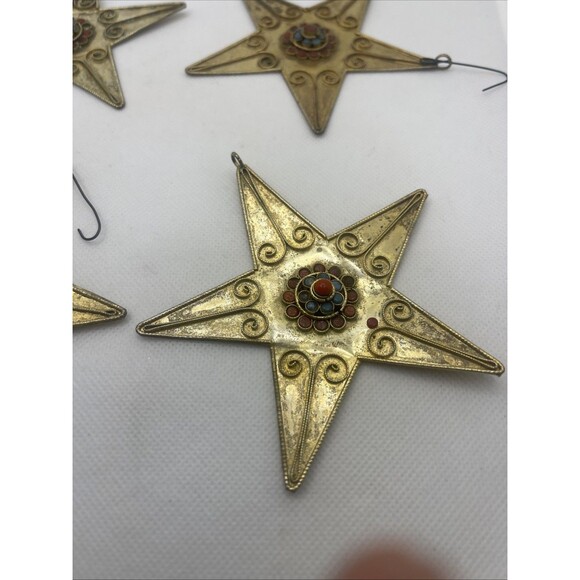 Nepal Gold Brass Tone Star Coral Turquoise Handmade Amulet Pendent, Ornament 4" - Picture 3 of 8